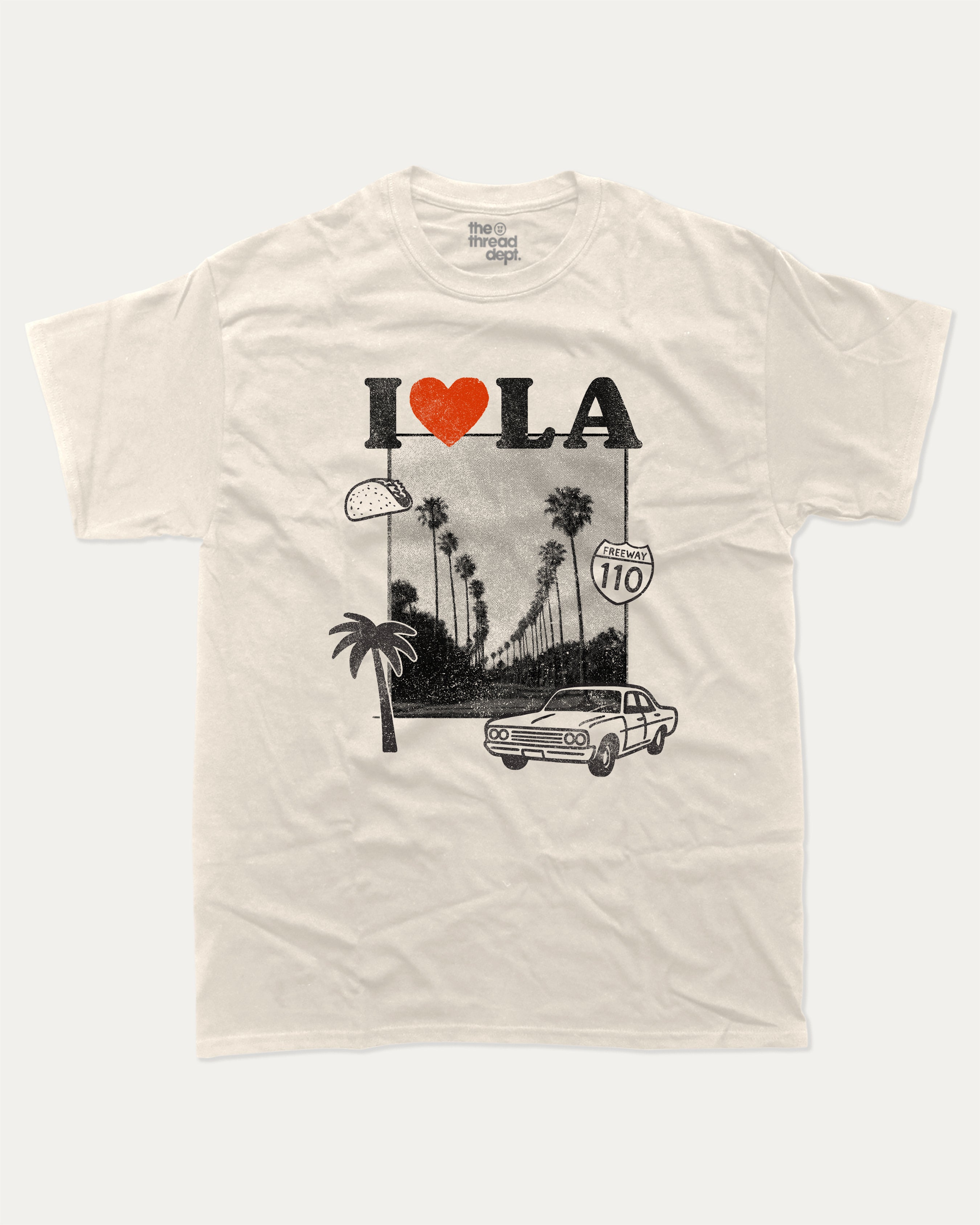 I Love LA graphic tee with bold and humorous print, State Graphic T shirt, Los Angeles Graphic T shirt, LA City Graphic T shirt, funny and trendy graphic. Perfect for adults and gift-giving. Cream shirt.