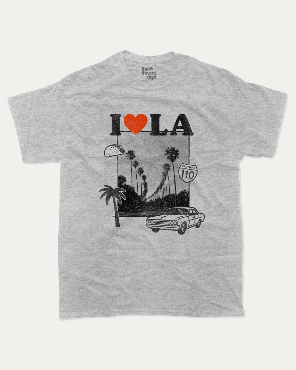 I Love LA graphic tee with bold and humorous print, State Graphic T shirt, Los Angeles Graphic T shirt, LA City Graphic T shirt, funny and trendy graphic. Perfect for adults and gift-giving. Heather Grey shirt.