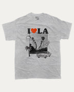 I Love LA graphic tee with bold and humorous print, State Graphic T shirt, Los Angeles Graphic T shirt, LA City Graphic T shirt, funny and trendy graphic. Perfect for adults and gift-giving. Heather Grey shirt.