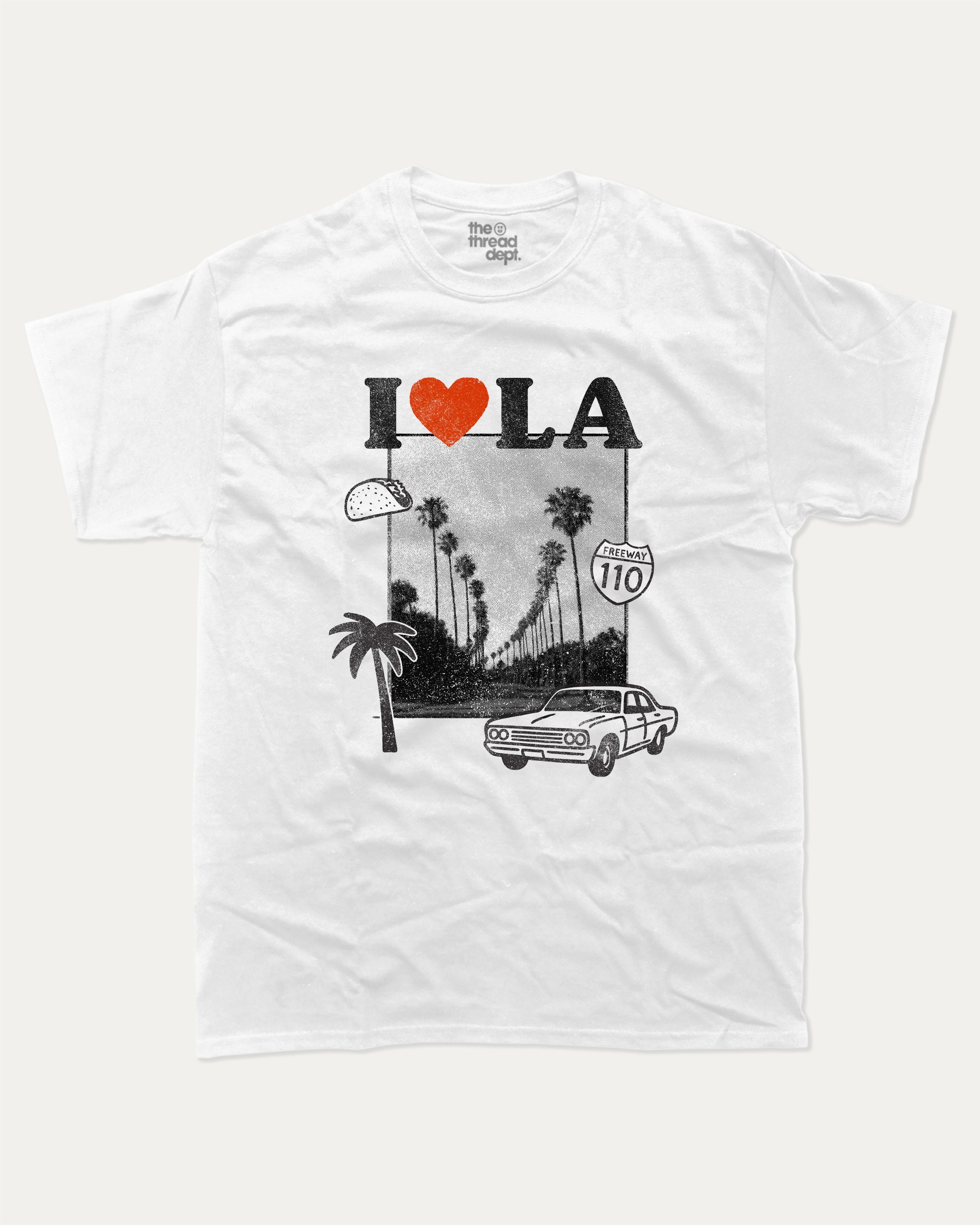 I Love LA graphic tee with bold and humorous print, State Graphic T shirt, Los Angeles Graphic T shirt, LA City Graphic T shirt, funny and trendy graphic. Perfect for adults and gift-giving. White shirt.