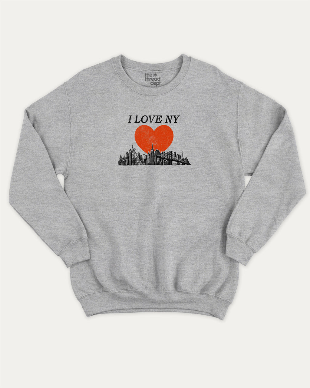 I Love NY graphic sweatshirt with bold and humorous print, warm and cozy graphic for everyday wear. Perfect for adults and gift-giving. Heather Grey pullover.