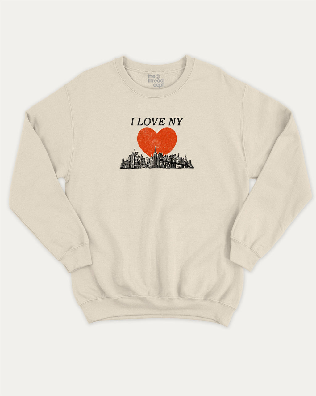 I Love NY graphic sweatshirt with bold and humorous print, warm and cozy graphic for everyday wear. Perfect for adults and gift-giving. Natural pullover.