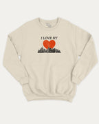 I Love NY graphic sweatshirt with bold and humorous print, warm and cozy graphic for everyday wear. Perfect for adults and gift-giving. Natural pullover.