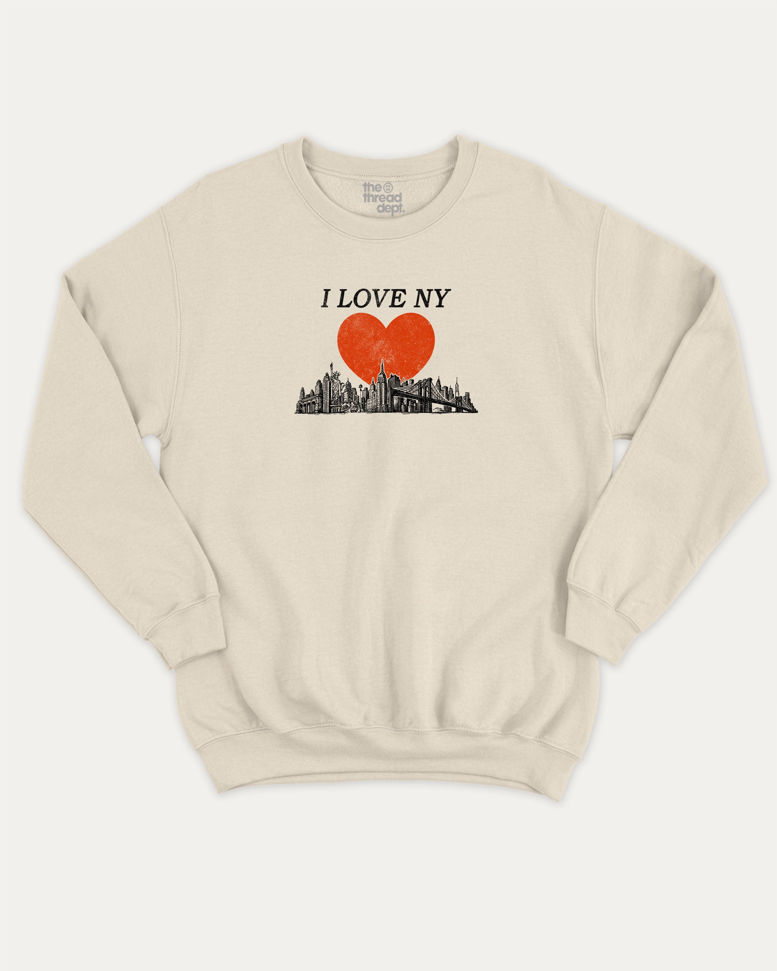 I Love NY graphic sweatshirt with bold and humorous print, warm and cozy graphic for everyday wear. Perfect for adults and gift-giving. Natural pullover.