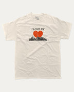 I Love NY graphic tee with bold and humorous print, funny and trendy graphic. Perfect for adults and gift-giving. Cream shirt.