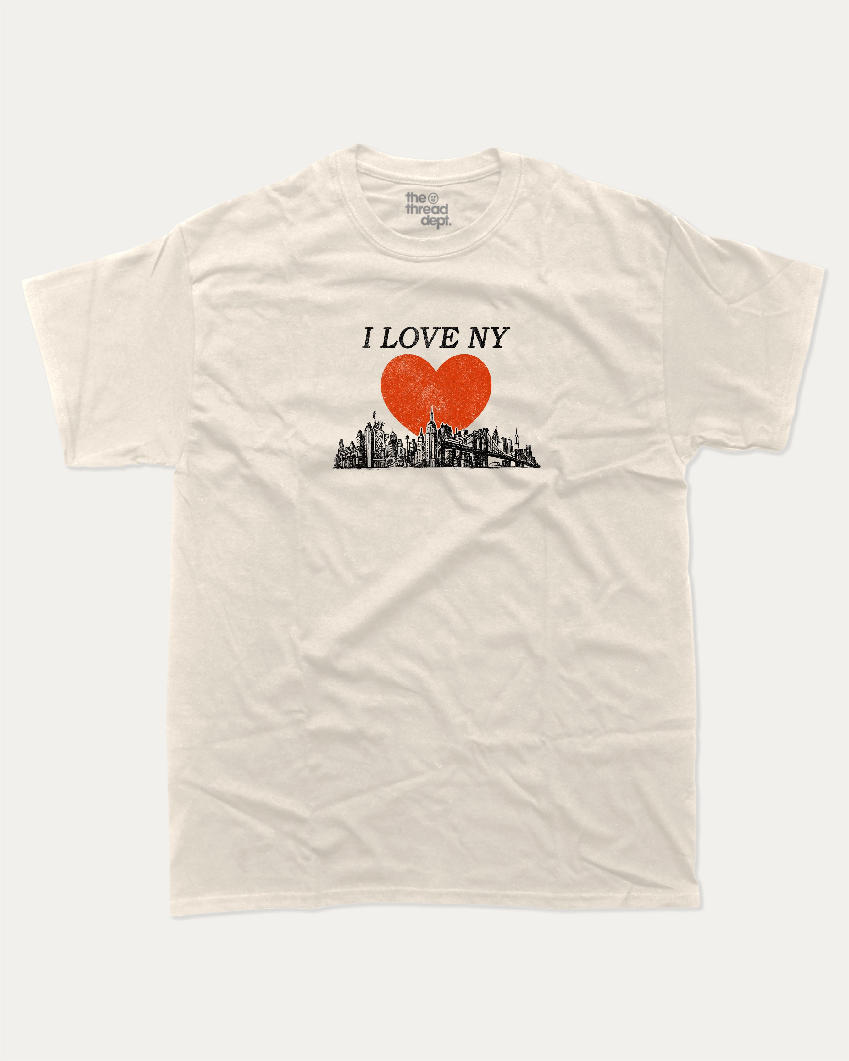 I Love NY graphic tee with bold and humorous print, funny and trendy graphic. Perfect for adults and gift-giving. Cream shirt.