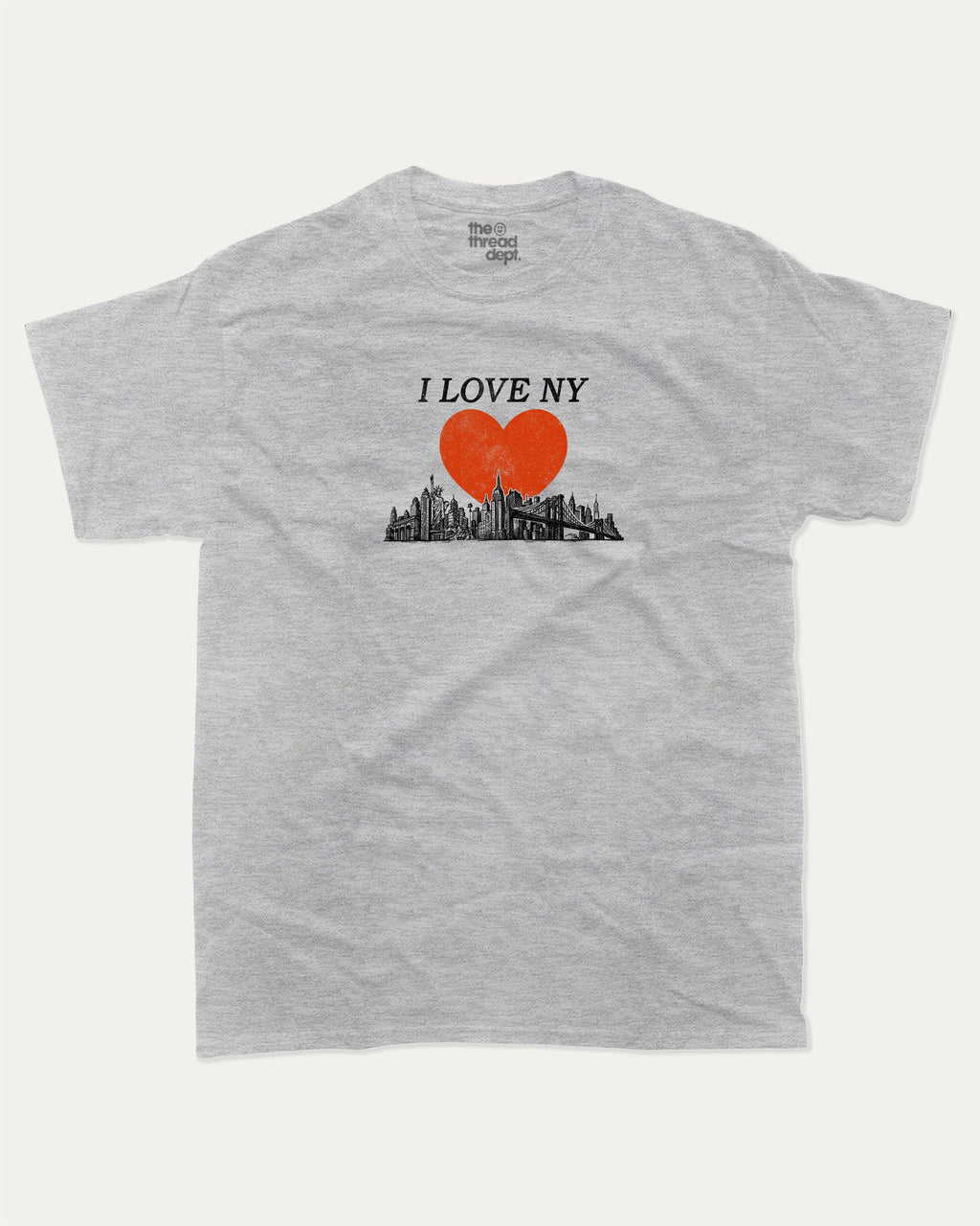 I Love NY graphic tee with bold and humorous print, funny and trendy graphic. Perfect for adults and gift-giving. Heather Grey shirt.
