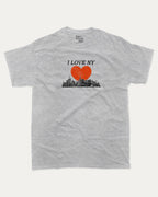 I Love NY graphic tee with bold and humorous print, funny and trendy graphic. Perfect for adults and gift-giving. Heather Grey shirt.