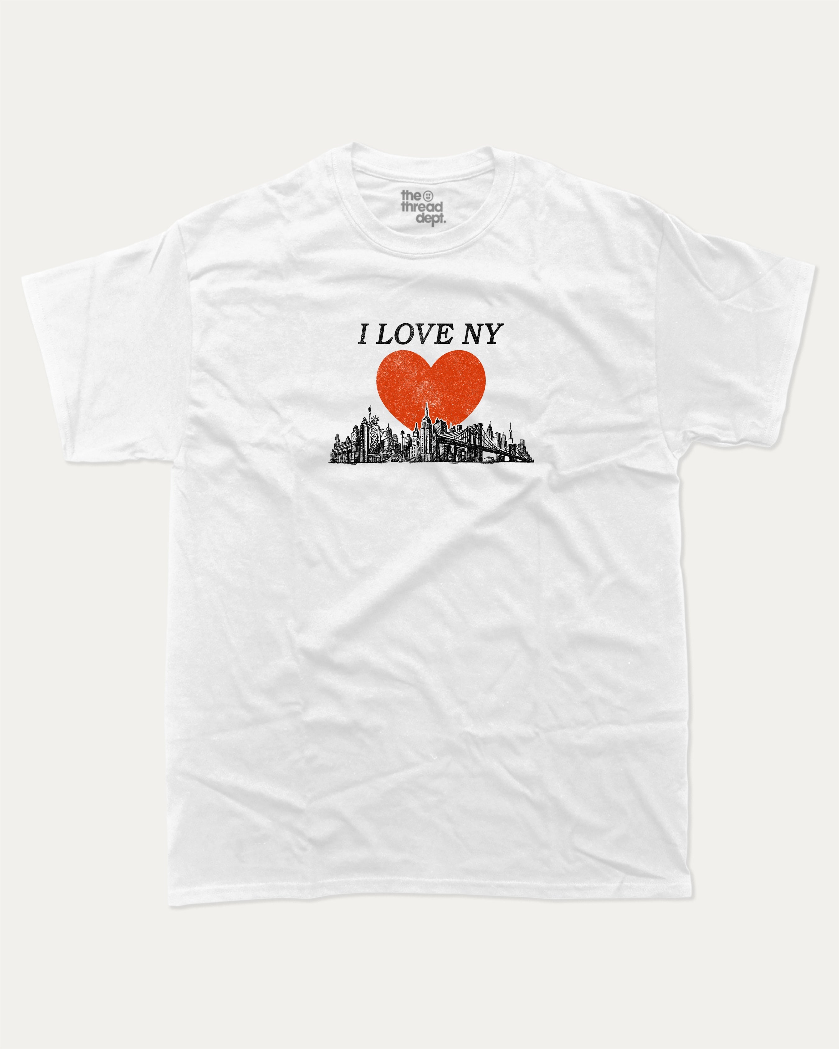 I Love NY graphic tee with bold and humorous print, funny and trendy graphic. Perfect for adults and gift-giving. White shirt.