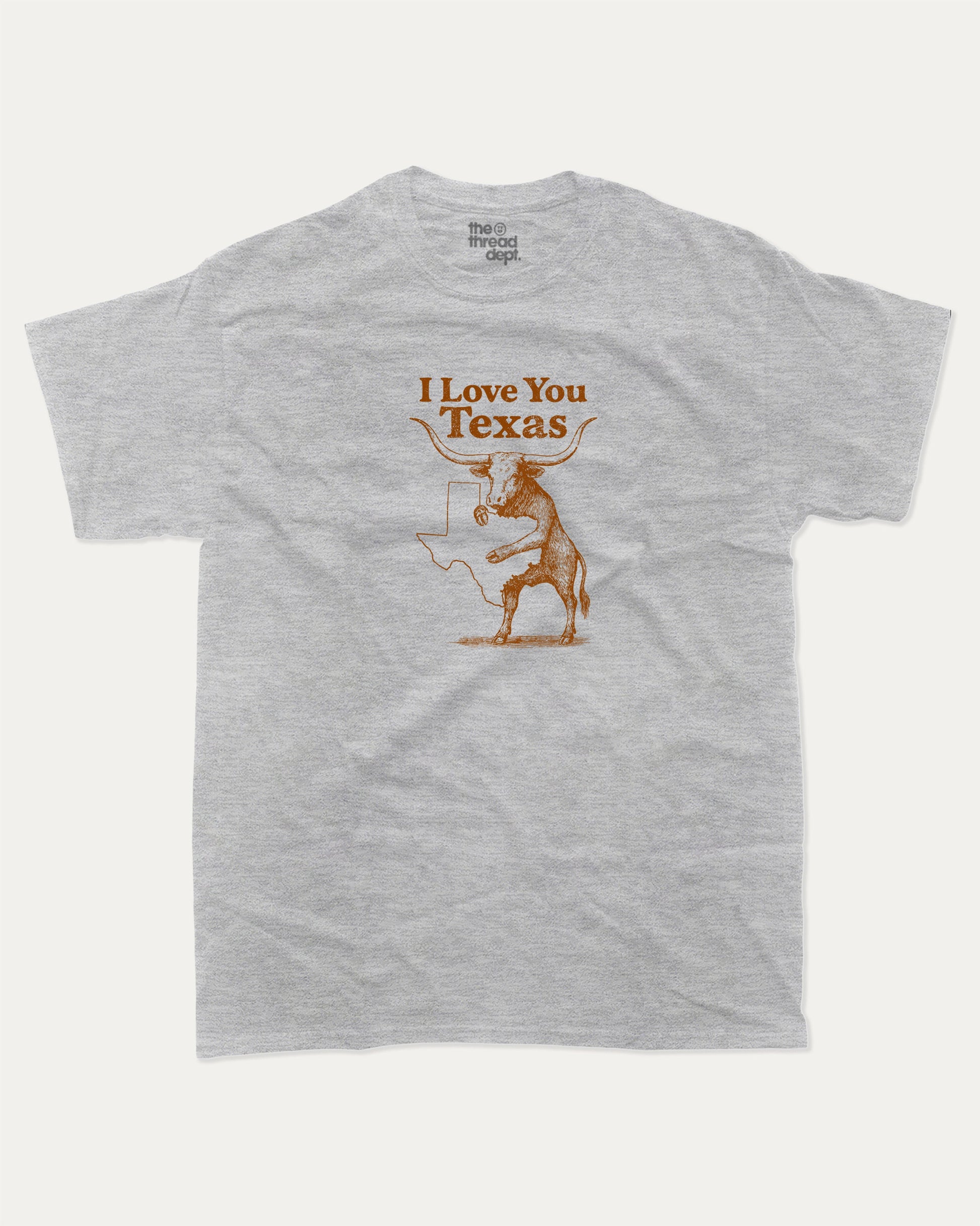 I Love You Texas graphic tee with bold and humorous print, funny and trendy graphic. Funny Texas Graphic T shirt, Perfect gift for people live in Texas, Texas Lover,  Perfect for adults and gift-giving. Heather Grey shirt.