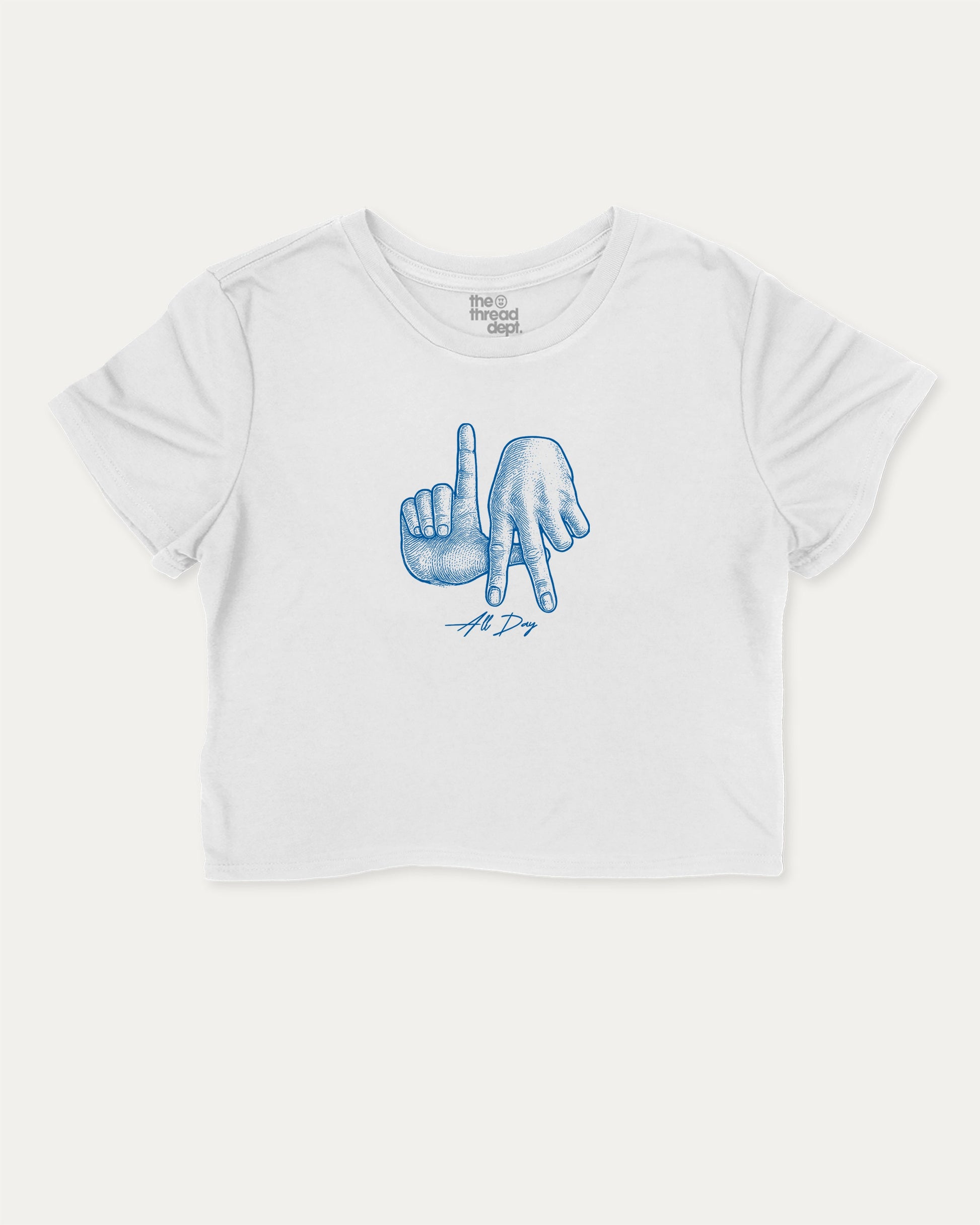 LA All Day Los Angeles State cute and trendy crop tee with nostalgic graphic, perfect for women. A must-have cropped aesthetic shirt, ideal for daily outfits and casual days. White crop tee