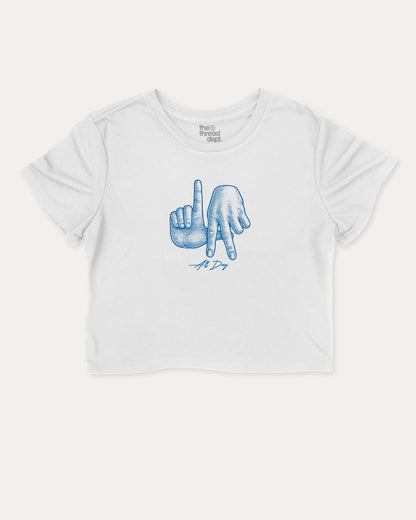 LA All Day Los Angeles State cute and trendy crop tee with nostalgic graphic, perfect for women. A must-have cropped aesthetic shirt, ideal for daily outfits and casual days. White crop tee