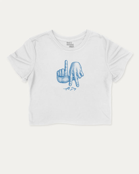 LA All Day Los Angeles State cute and trendy crop tee with nostalgic graphic, perfect for women. A must-have cropped aesthetic shirt, ideal for daily outfits and casual days. White crop tee