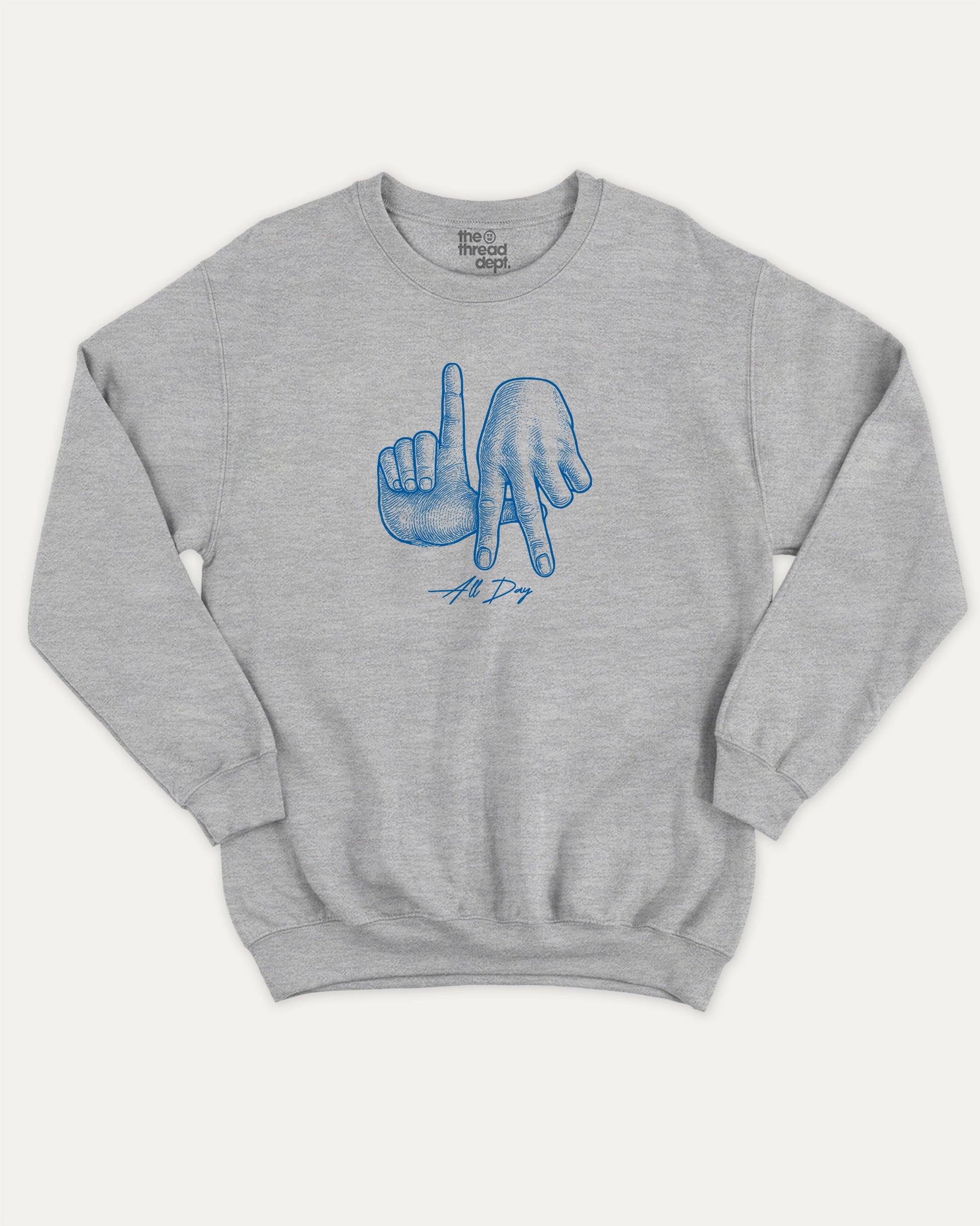 LA All Day pullover sweatshirt, perfect for adults. A must-have graphic pullover, comfy cold-weather wear, bold casual look. Heather Grey sweater