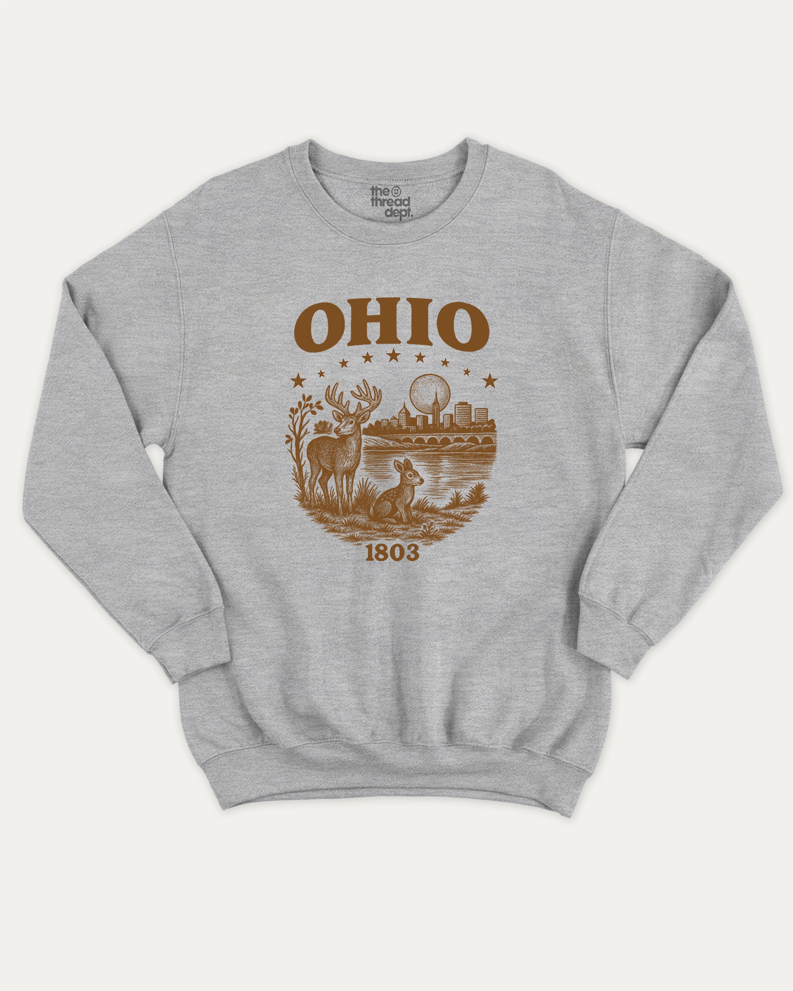 Ohio 1803 graphic sweatshirt with bold and humorous print, State Graphic T shirt, Ohio Grapic T shirt, United States Graphic T shirt, warm and cozy graphic for everyday wear. Perfect for adults and gift-giving. Heather Grey pullover.