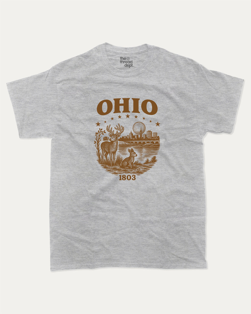 Ohio 1803 graphic tee with bold and humorous print, State Graphic T shirt, Ohio Grapic T shirt, United States Graphic T shirt, funny and trendy graphic. Perfect for adults and gift-giving. Heather Grey shirt.