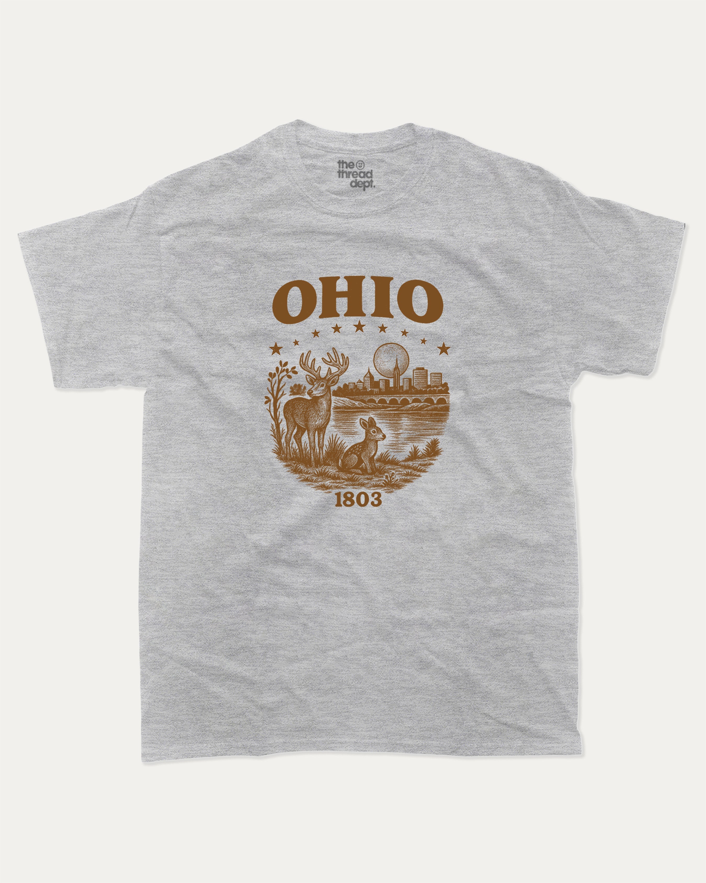 Ohio 1803 graphic tee with bold and humorous print, State Graphic T shirt, Ohio Grapic T shirt, United States Graphic T shirt, funny and trendy graphic. Perfect for adults and gift-giving. Heather Grey shirt.