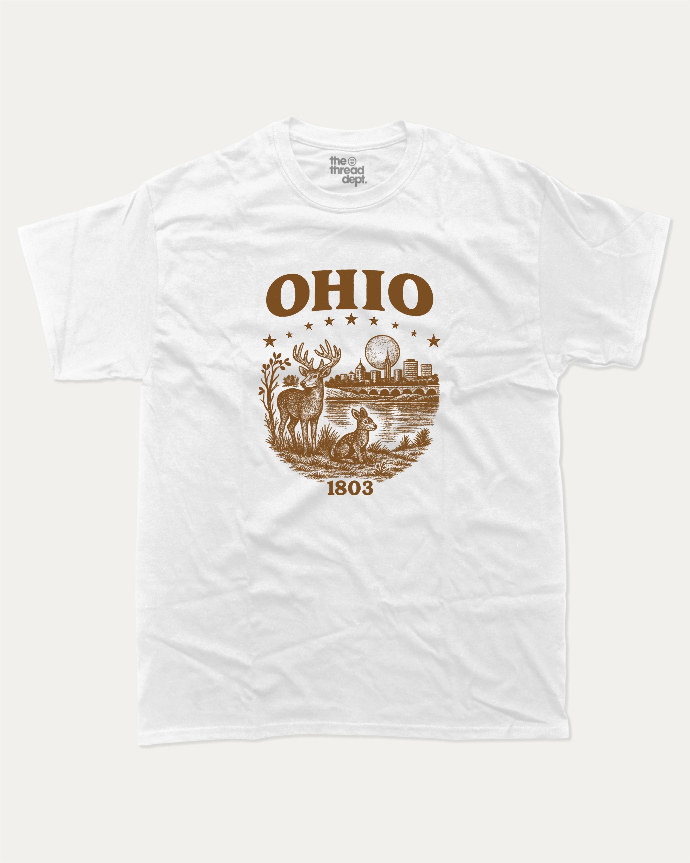 Ohio 1803 graphic tee with bold and humorous print, State Graphic T shirt, Ohio Grapic T shirt, United States Graphic T shirt, funny and trendy graphic. Perfect for adults and gift-giving. White shirt.