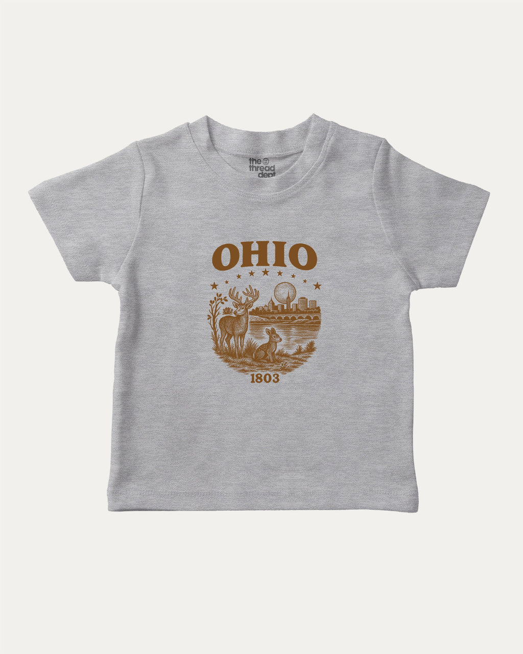 Ohio 1803 graphic tee with bold and humorous print, State Graphic T shirt, Ohio Grapic T shirt, United States Graphic T shirt, funny and trendy graphic. Perfect for adults and gift-giving. Heather Grey shirt.