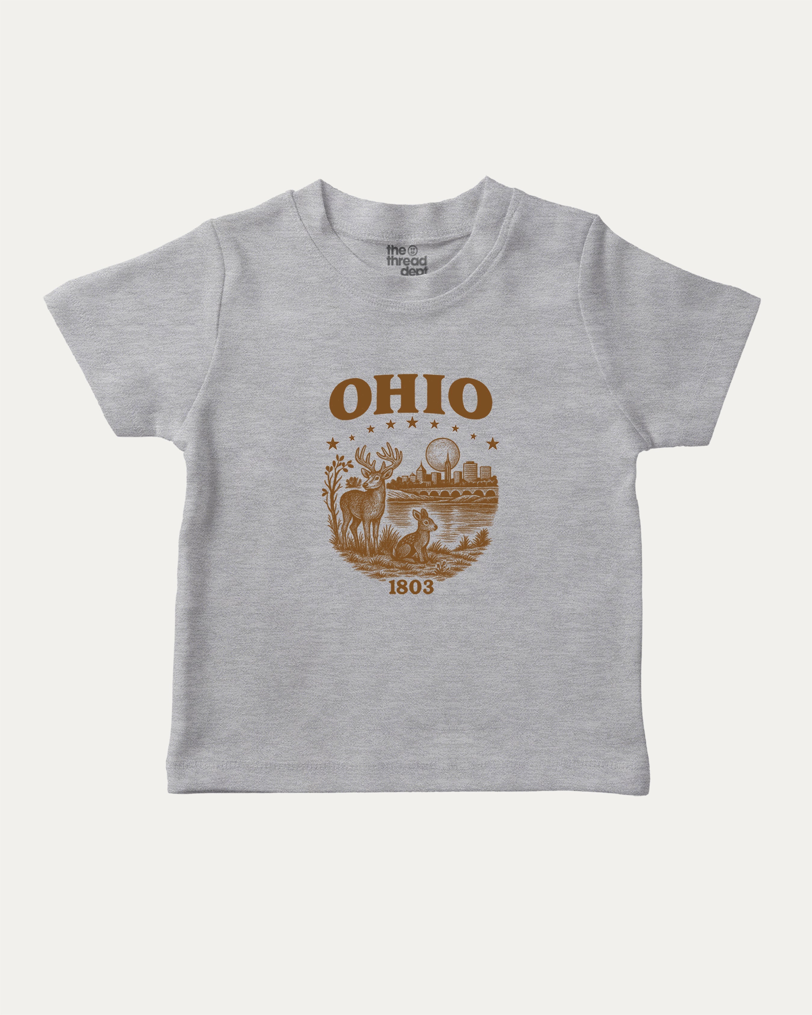Ohio 1803 graphic tee with bold and humorous print, State Graphic T shirt, Ohio Grapic T shirt, United States Graphic T shirt, funny and trendy graphic. Perfect for adults and gift-giving. Heather Grey shirt.