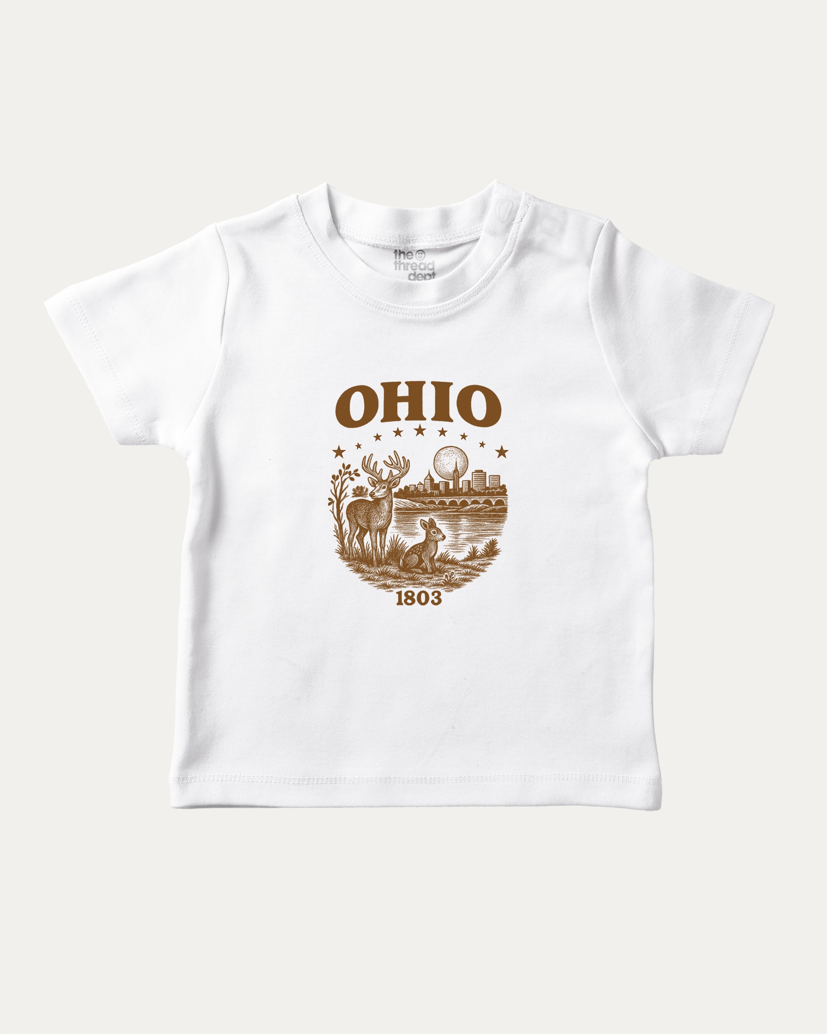 Ohio 1803 graphic tee with bold and humorous print, State Graphic T shirt, Ohio Grapic T shirt, United States Graphic T shirt, funny and trendy graphic. Perfect for adults and gift-giving. White shirt.