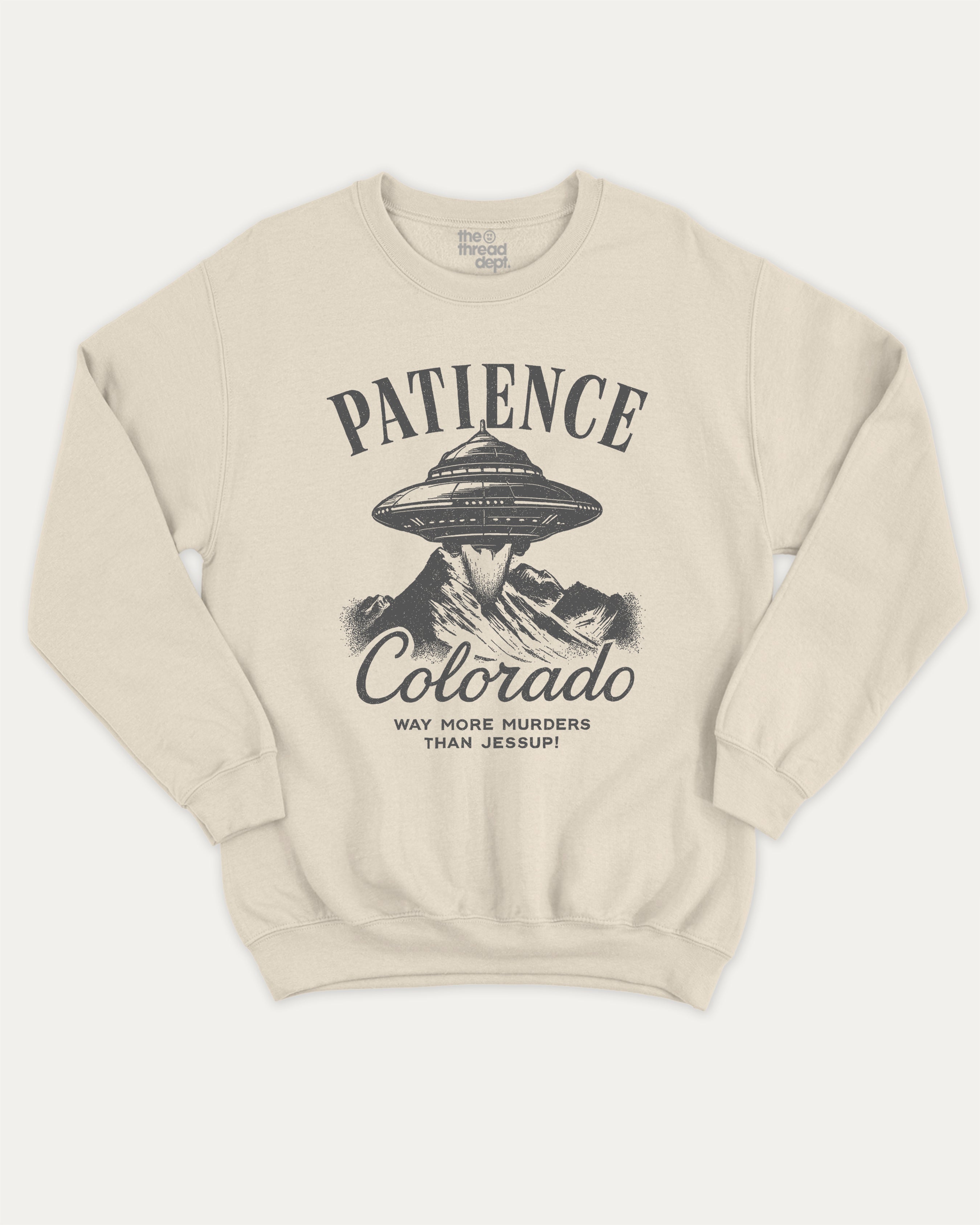 Patience Colorado pullover sweatshirt, perfect for gifts. A must-have colorado state pullover, comfy cold-weather wear, bold casual look. Natural sweater