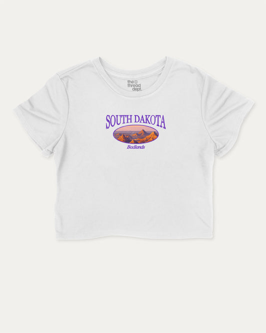 South Dakota graphic crop tee with funny and trendy slogan print, State Graphic Tee, South Dakota State Graphic Tee,  perfect for women’s casual looks or layering. White crop t-shirt.