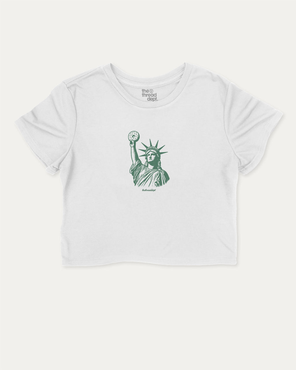 Statue of Liberty Bagle graphic crop tee with bagle and new york city print, perfect for women_ casual looks or layering. White crop t-shirt.