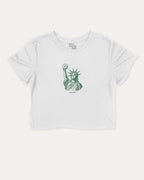 Statue of Liberty Bagle graphic crop tee with bagle and new york city print, perfect for women_ casual looks or layering. White crop t-shirt.