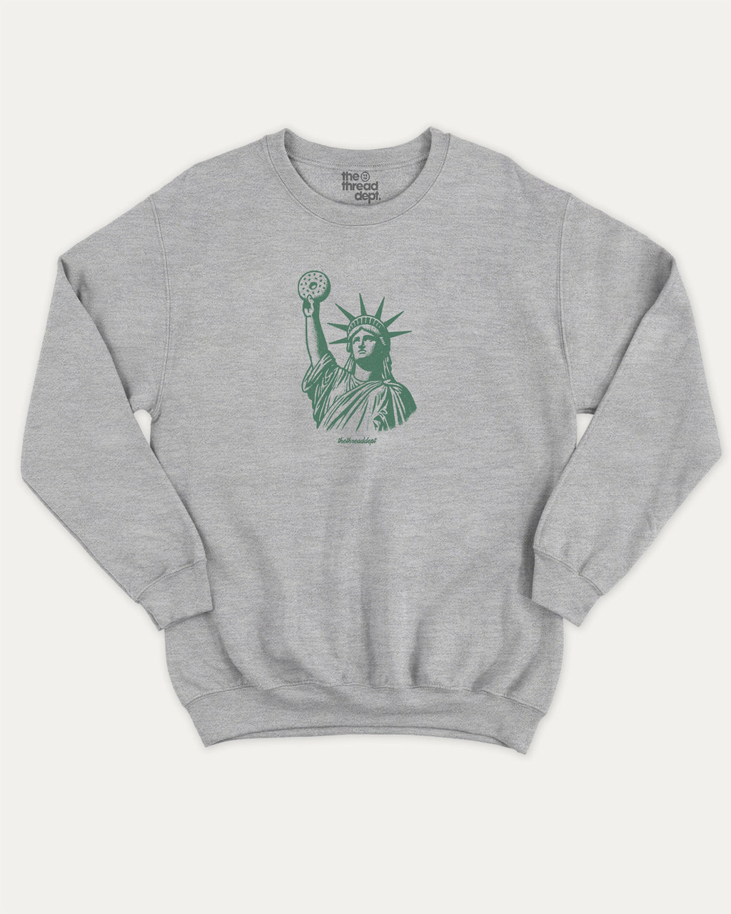 Statue of Liberty Bagle graphic sweatshirt with bagle and new york city print, warm and cozy graphic for everyday wear. Perfect for adults and gift-giving. Heather Grey pullover.