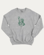 Statue of Liberty Bagle graphic sweatshirt with bagle and new york city print, warm and cozy graphic for everyday wear. Perfect for adults and gift-giving. Heather Grey pullover.