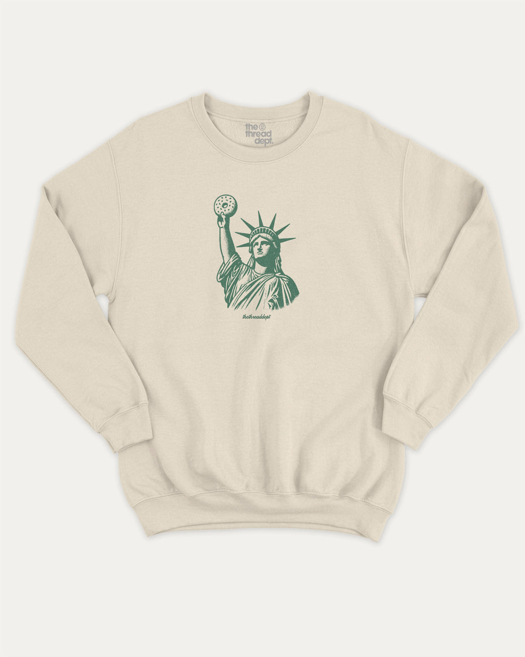 Statue of Liberty Bagle graphic sweatshirt with bagle and new york city print, warm and cozy graphic for everyday wear. Perfect for adults and gift-giving. Natural pullover.