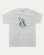 Statue of Liberty Bagle graphic tee with bold and humorous print, funny new york city graphic. Perfect for adults and gift-giving. Ash Grey shirt.