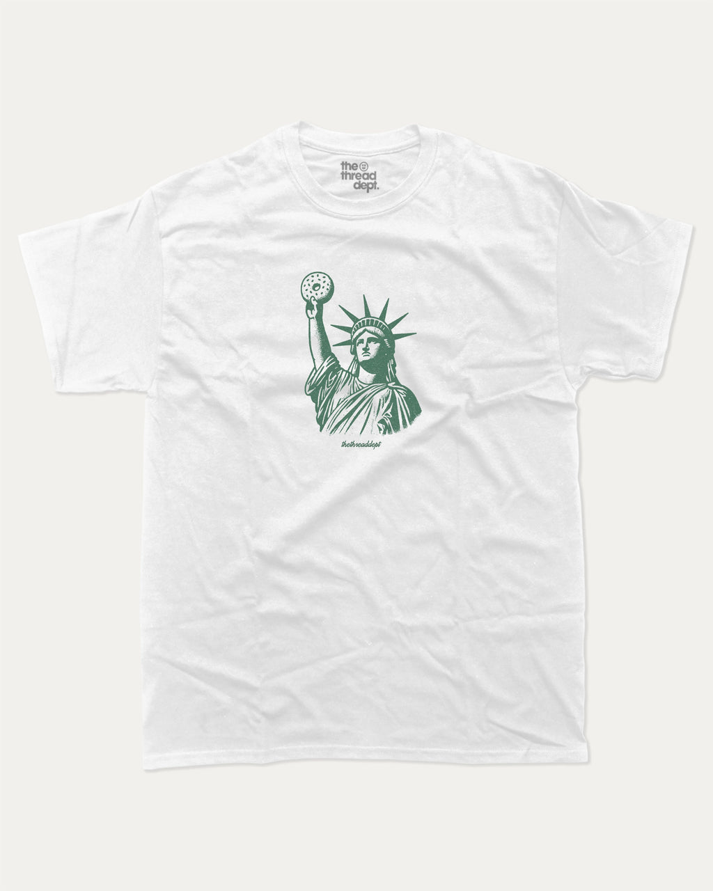 Statue of Liberty Bagle graphic tee with bold and humorous print, funny new york city graphic. Perfect for adults and gift-giving. White shirt.