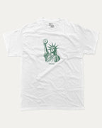 Statue of Liberty Bagle graphic tee with bold and humorous print, funny new york city graphic. Perfect for adults and gift-giving. White shirt.
