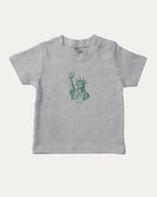 Statue of Liberty Bagle graphic tee with food and new york city print, funny and trendy graphic. Perfect for adults and gift-giving. Heather Grey shirt.