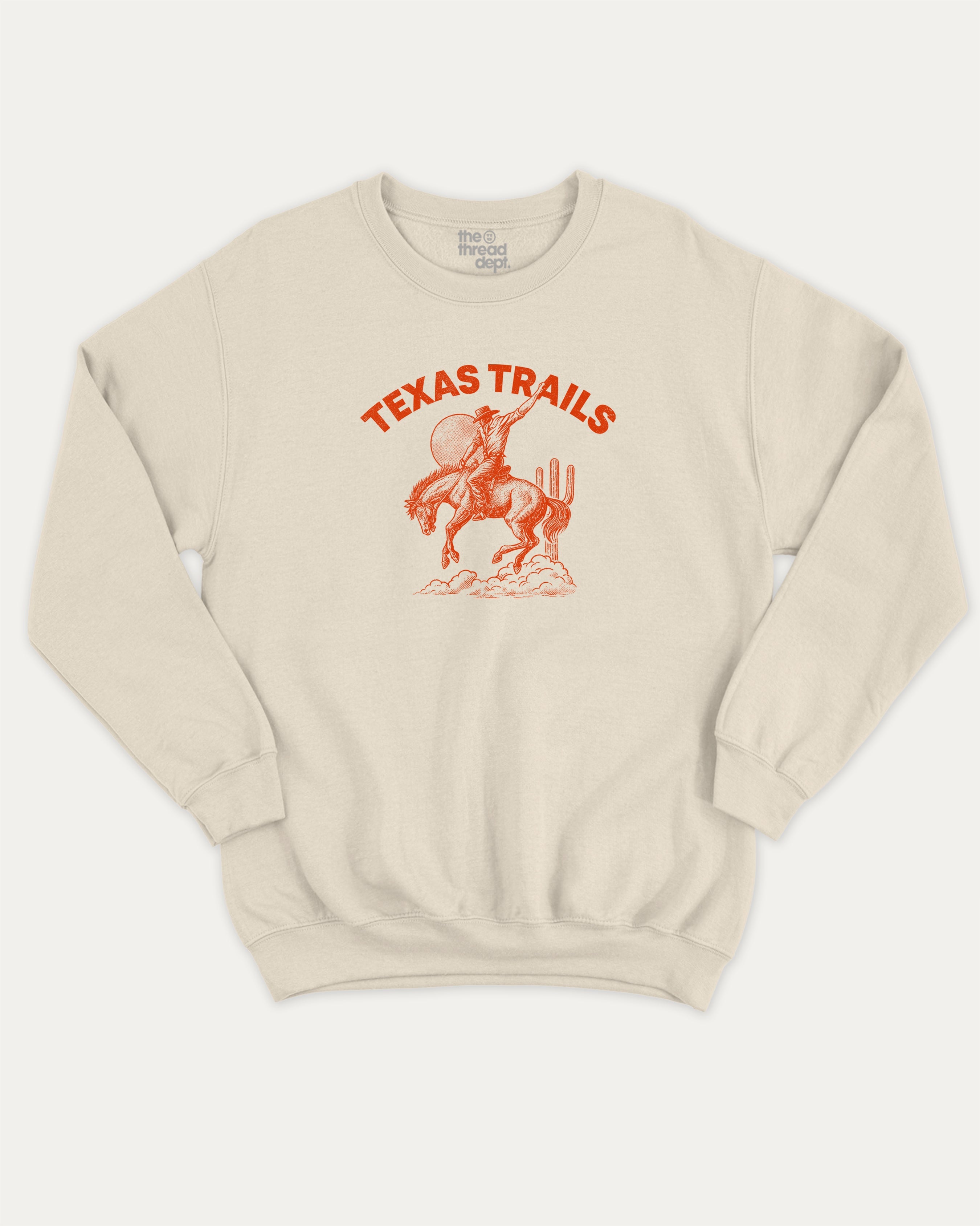 Texas Trails graphic sweatshirt with bold and humorous print, warm and cozy graphic for everyday wear. Perfect for adults and gift-giving. Natural pullover.