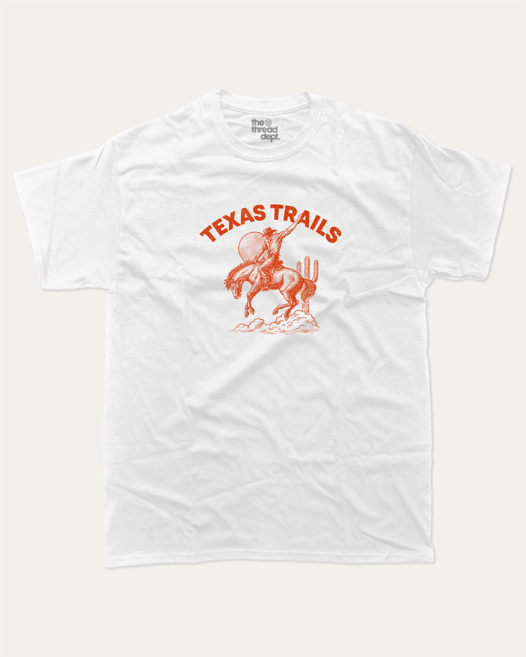 Texas Trails graphic tee with bold and humorous print, funny and trendy graphic. Perfect for adults and gift-giving. White shirt.
