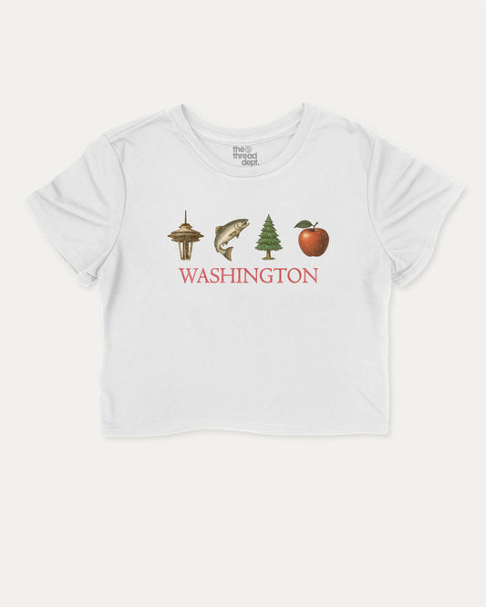 Vintage Washington cute and trendy crop tee with nostalgic graphic, perfect for women. A must-have cropped aesthetic shirt, ideal for daily outfits and casual days. White crop tee