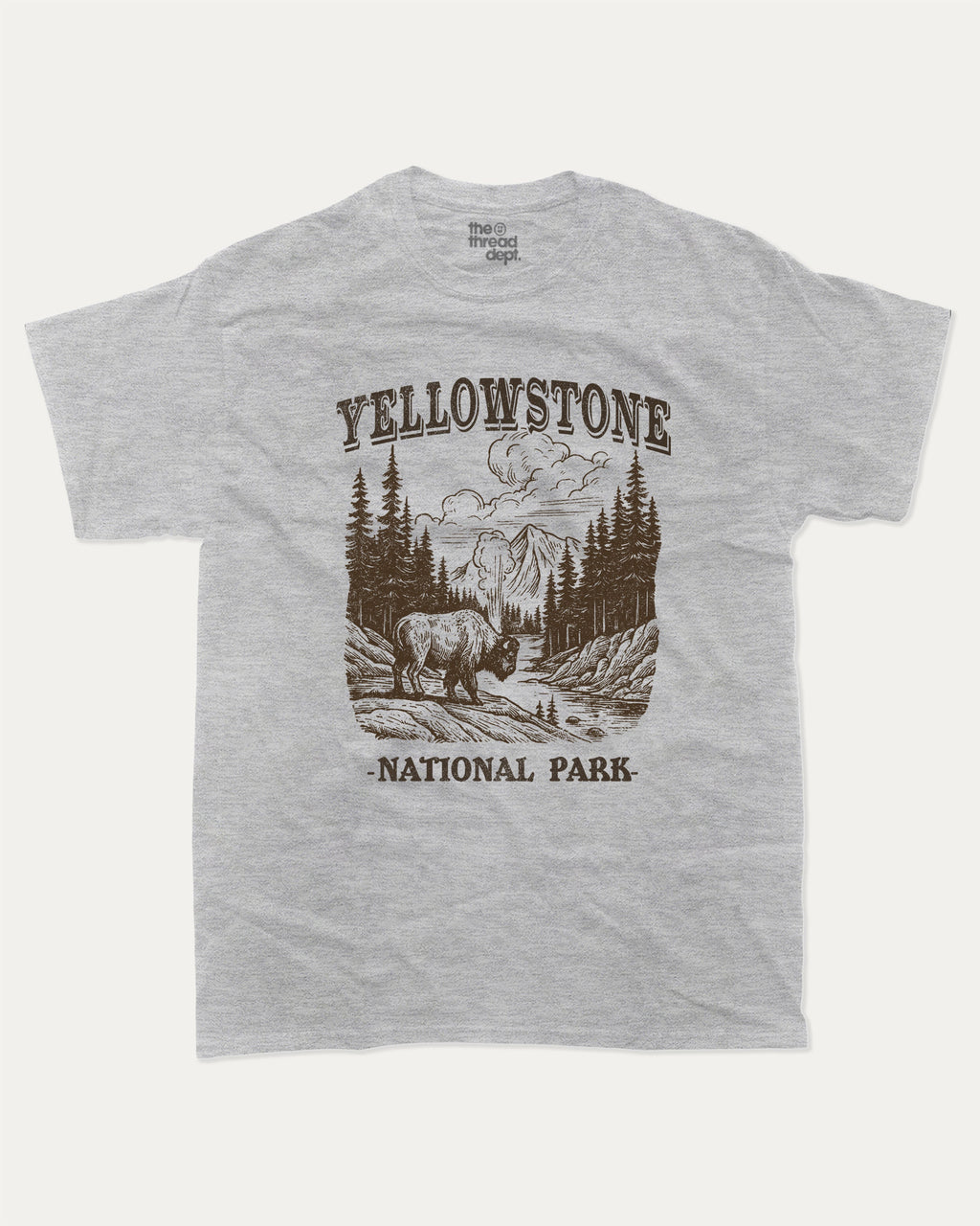 Yellowstone National Park graphic tee with bold and humorous print, funny and trendy graphic. National Park Graphic T shirt, Yellowstone National Park T shirt,  Perfect for adults and gift-giving. Heather Grey shirt.