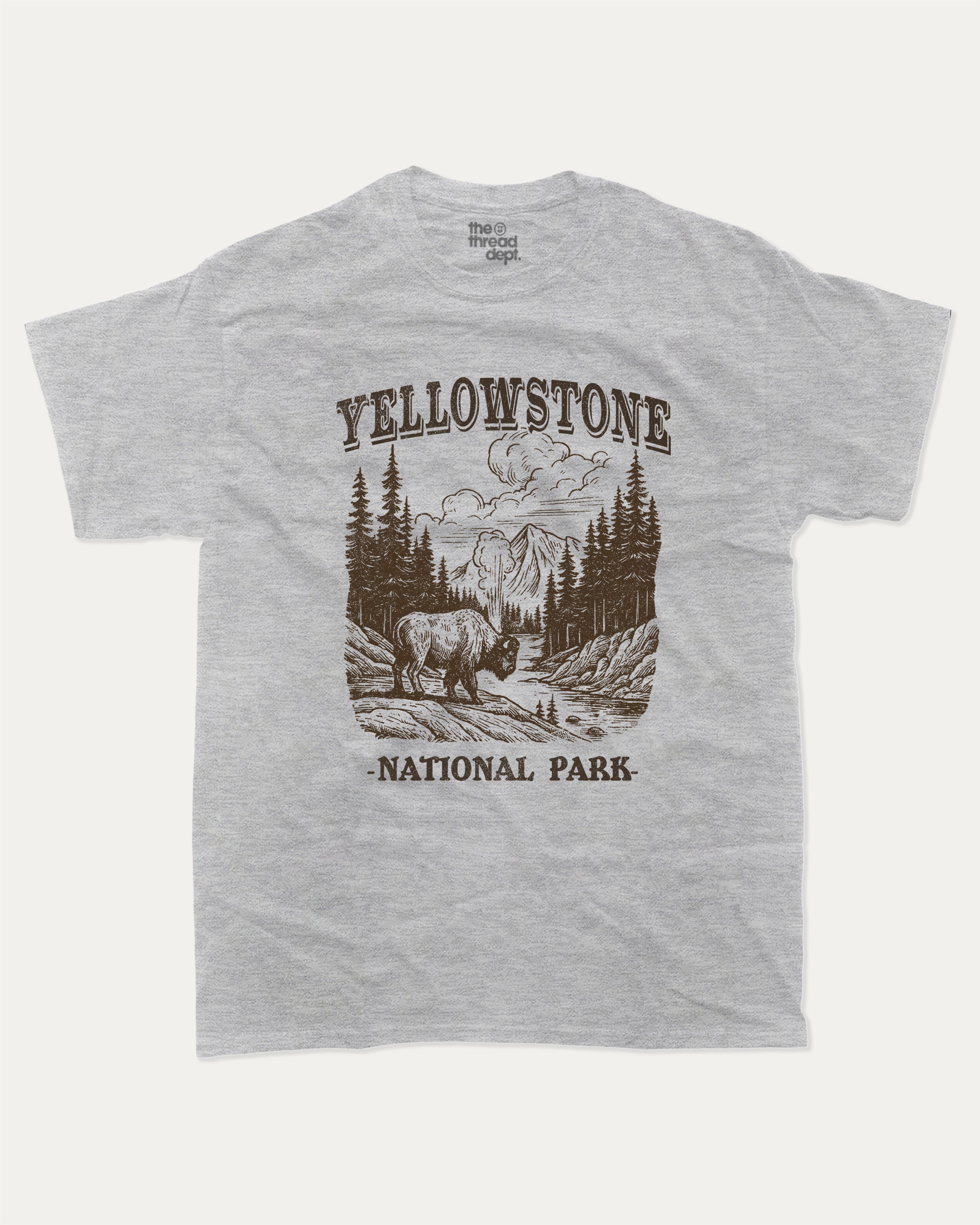 Yellowstone National Park graphic tee with bold and humorous print, funny and trendy graphic. National Park Graphic T shirt, Yellowstone National Park T shirt,  Perfect for adults and gift-giving. Heather Grey shirt.