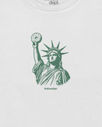 White t-shirt with green graphic of the Statue of Liberty holding a bagle.