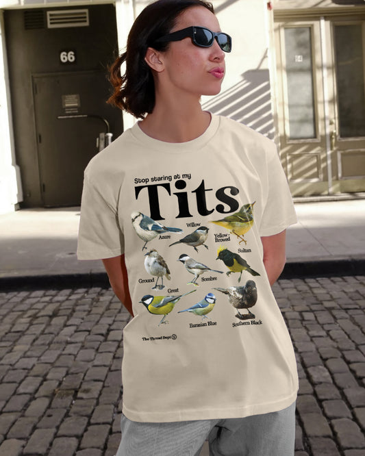 Stop Staring At My Tits funny graphic tee.