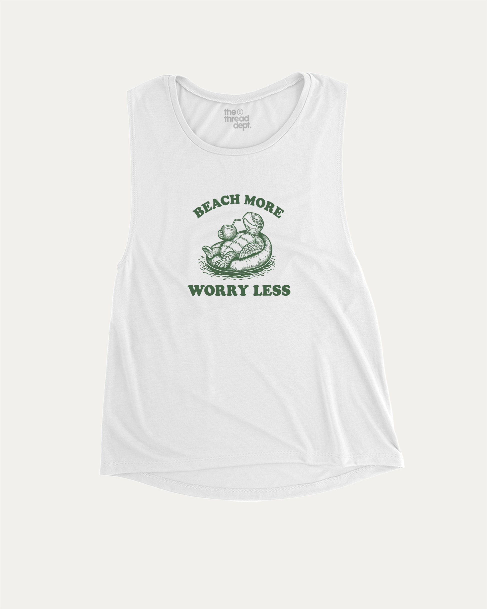 Beach More Worry Less aesthetic women's muscle tank with retro summer graphic, perfect for confident women. A must-have strong and stylish tank, ideal for workouts or everyday looks. White muscle top