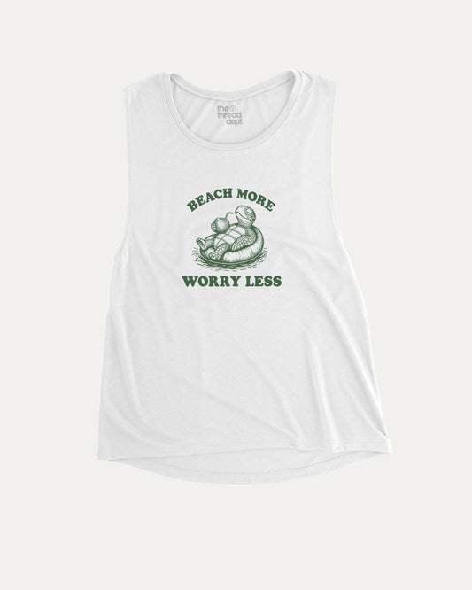 Beach More Worry Less aesthetic women's muscle tank with retro summer graphic, perfect for confident women. A must-have strong and stylish tank, ideal for workouts or everyday looks. White muscle top