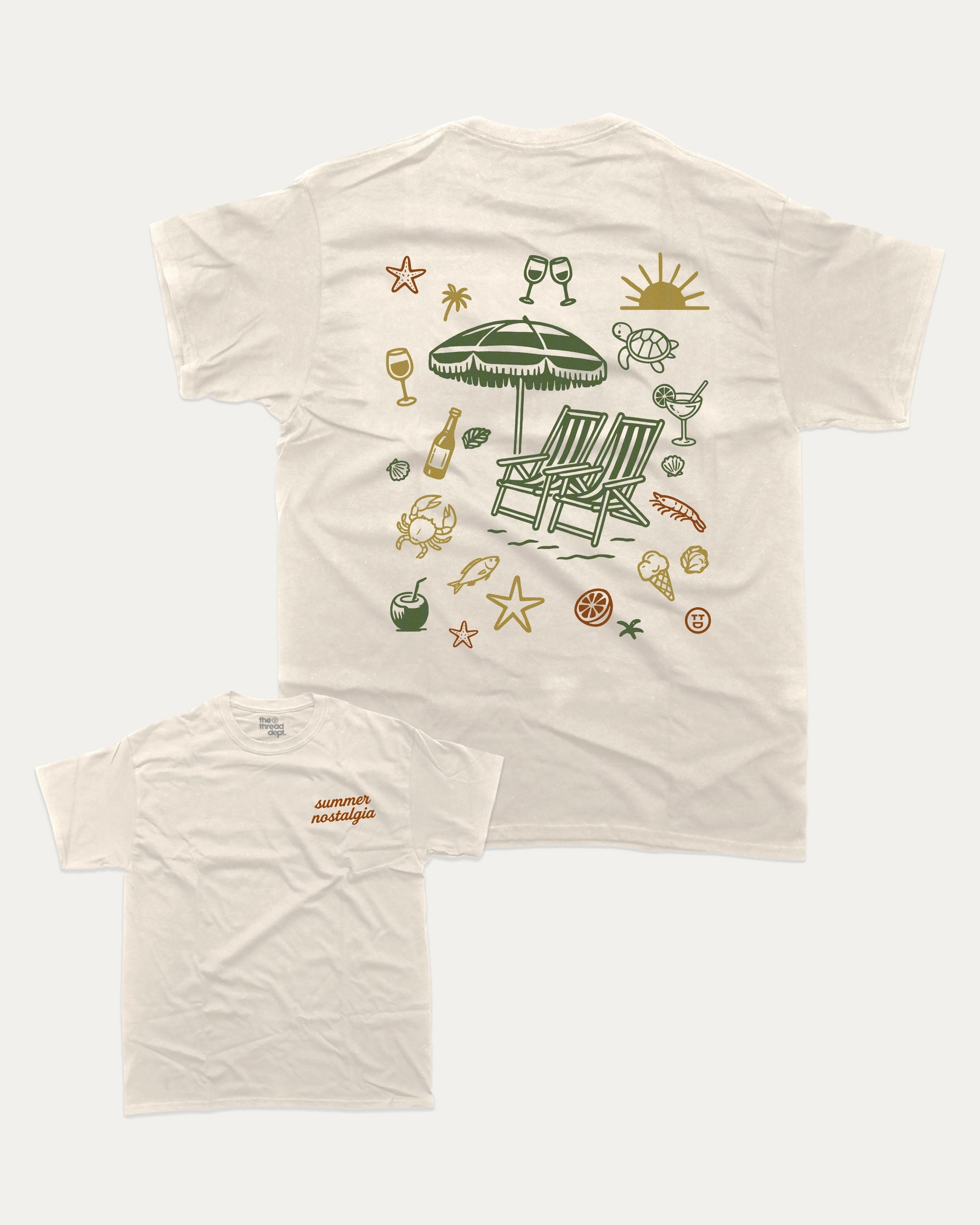 Summer Nostalgia graphic t-shirt, perfect for adults. A must-have summer coastal tee, trending meme shirt, unique gift idea. Cream.