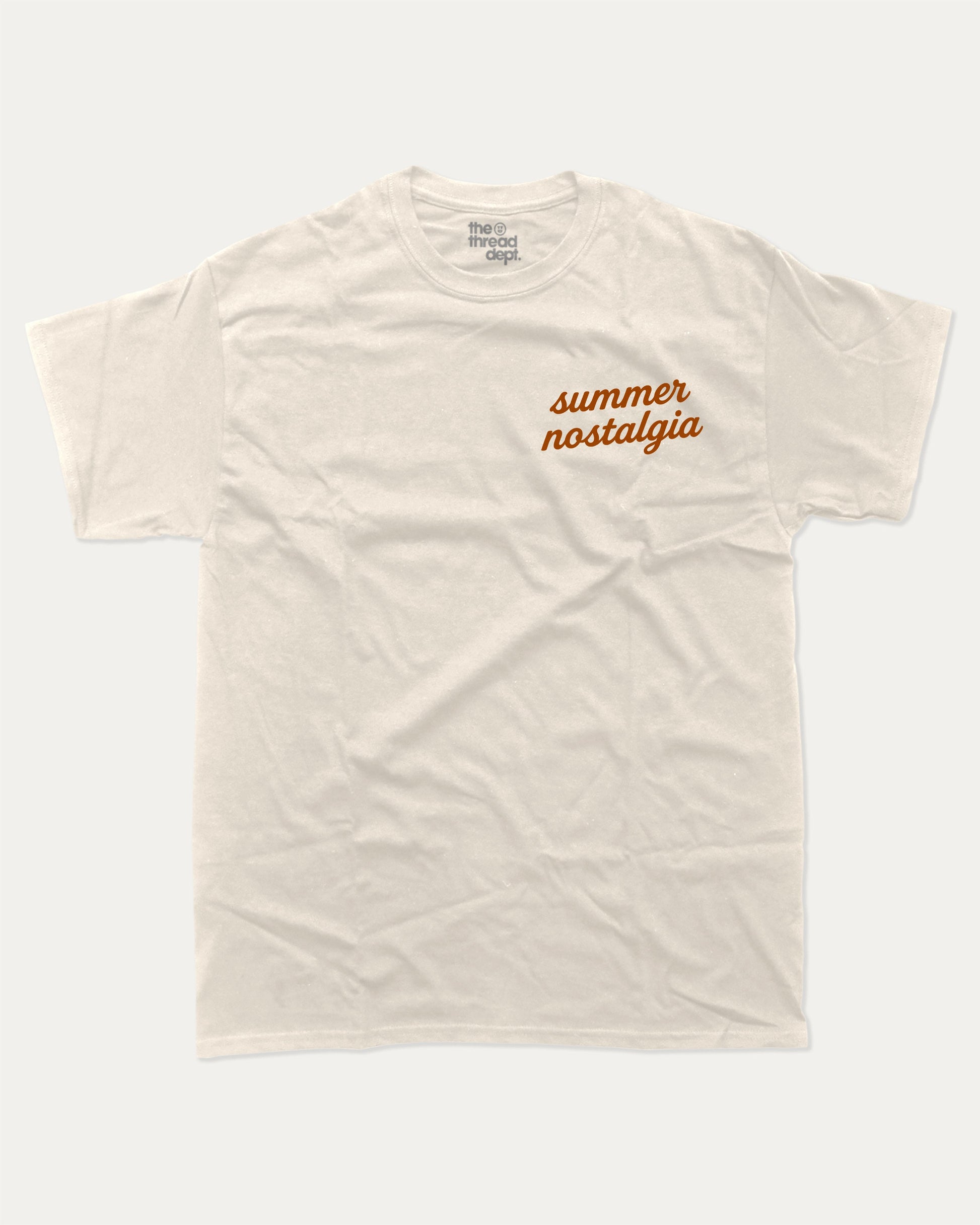 Summer Nostalgia graphic t-shirt, perfect for adults. A must-have summer coastal tee, trending meme shirt, unique gift idea. Cream.