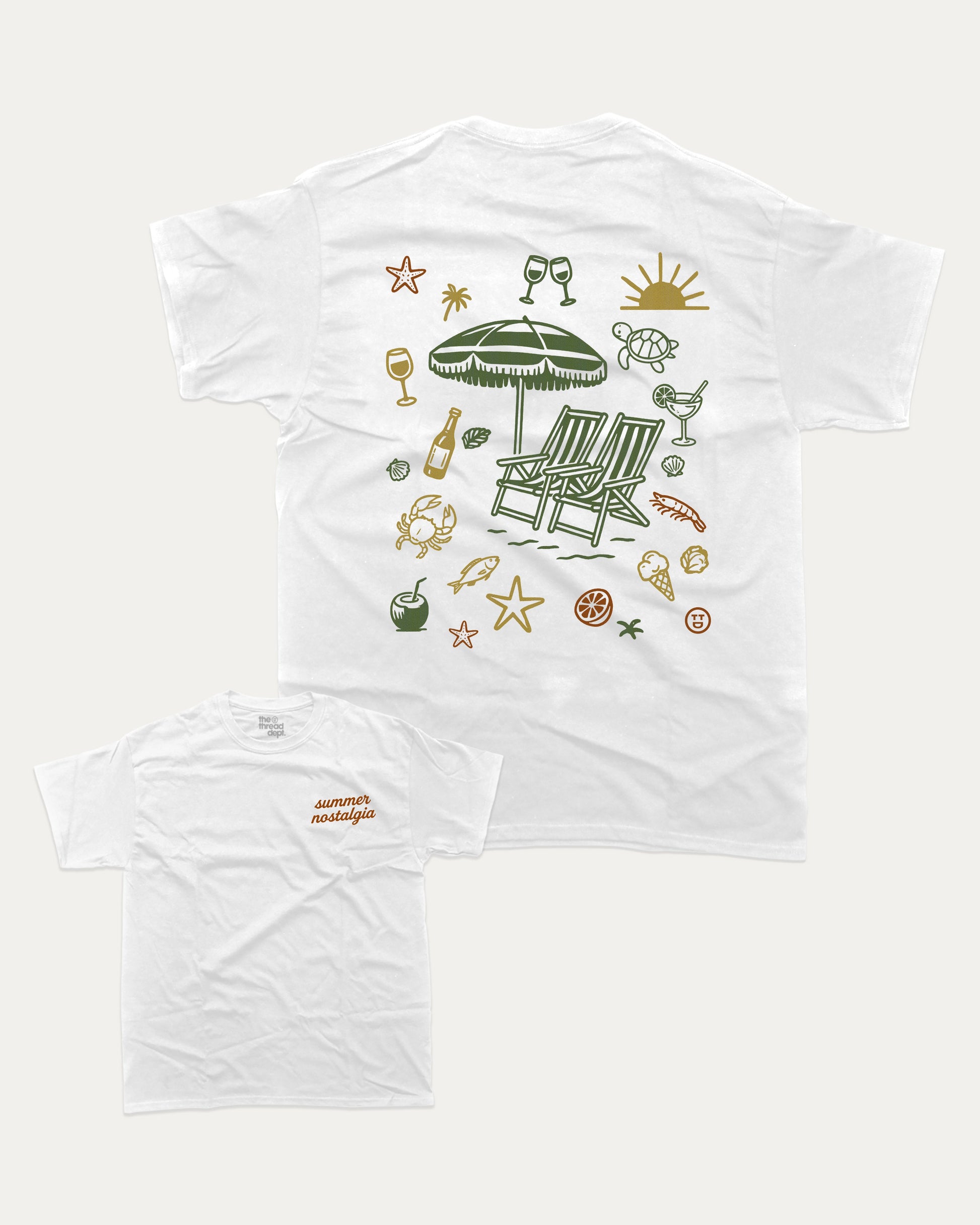 Summer Nostalgia graphic t-shirt, perfect for adults. A must-have summer coastal tee, trending meme shirt, unique gift idea. White.