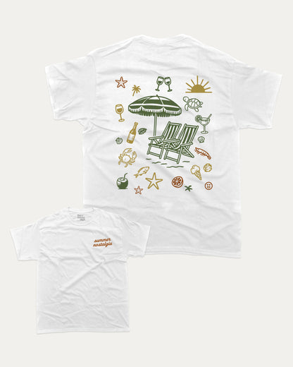 Summer Nostalgia graphic t-shirt, perfect for adults. A must-have summer coastal tee, trending meme shirt, unique gift idea. White.