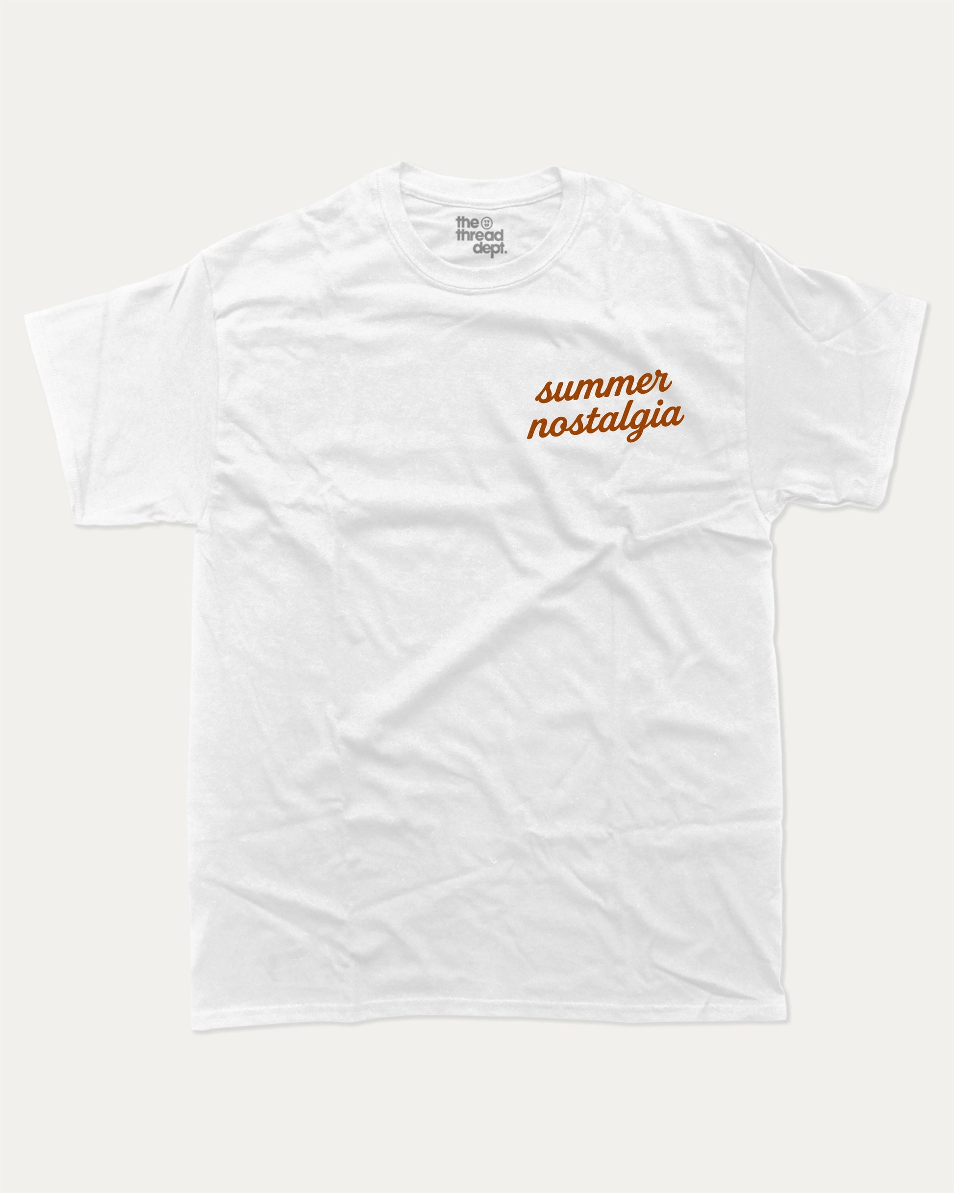 Summer Nostalgia graphic t-shirt, perfect for adults. A must-have summer coastal tee, trending meme shirt, unique gift idea. White.